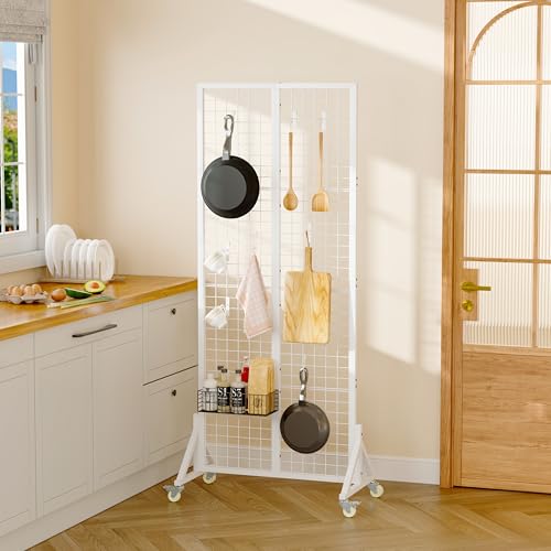 Rolling Gridwall Display Stand, 64.2" H x 23.6" W Wire Mesh Rack with Wheels, Metal Display Grid for Art Shows, Craft Fairs, Retail Boutique & Home Storage, White - color: White