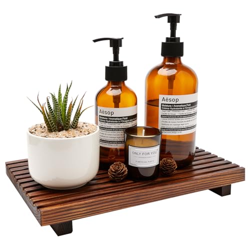 Renawe Farmhouse Bathroom Counter Tray Wood Display Pedesta Stand Kitchen Countertop Trays Decorative Wooden Riser Dish Soap Dispenser Holder for Bathroom Sink Accessories Kitchen Decor Vanity Tray - color: Brown, size: 12x6.7 inch