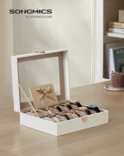 SONGMICS Watch Box, 10-Slot Watch Case Organizer with Large Glass Lid, Removable Pillows, Gift for Loved Ones, Cloud White Synthetic Leather, Cappuccino Beige Lining UJWB010W01 - color: Cloud White + Cappuccino Beige, size: 10 Slot