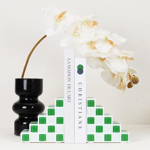 Decorative Bookends for Shelves - Stair Book Ends for Heavy Books - Unique Book Stopper & Holder for Shelves - Modern Home Decor Aesthetic Bookshelf Decor (Green & White) - color: Green & White