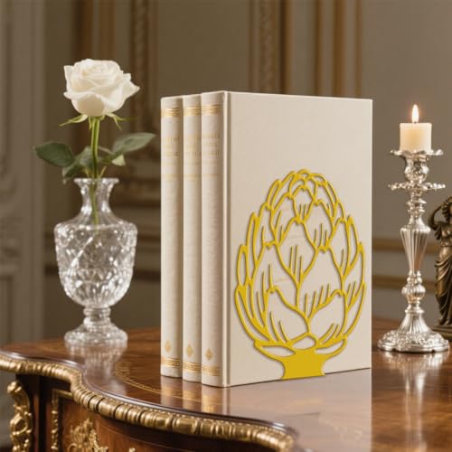 Peacoblue Metal Bookends for Shelves, Modern Decorative Heavy Duty Study Book Support Stoppers for Office Desk Shelf Room 5.3"x4.3"x6.1" Cast Iron Simple Golden Book Ends, 1 Pair (Golden Artichoke) - style: Golden Artichoke