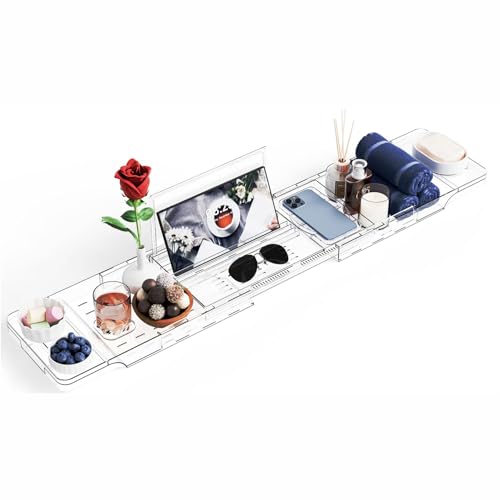 Yieach Luxury Clear Acrylic Bathtub Tray with Book Holder,Expandable Bath Tray for Tub and Bath Shelf Over Tub,Plastic Bath Table & Board,Bath Caddy Trays & Accessories for Women Relaxing Spa Gifts - size: L - (33.1 to 41.4 in）