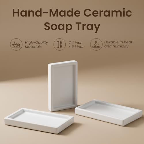 MaisoNovo White Bathroom Tray Countertop - 7.4x5.1 inch Handcrafted Ceramic Kitchen Tray for Soap Bottles, Perfume, Jewelry - Moisture Resistant - Rectangle Bathroom Dish with 4 Anti-Slip Pads - color: White Ceramic Tray