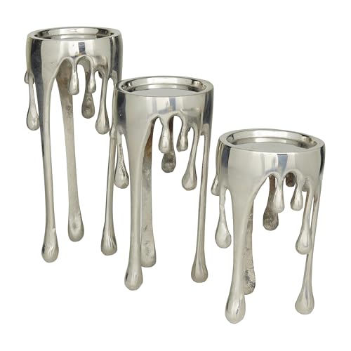 CosmoLiving by Cosmopolitan Aluminum Metal Abstract Decorative Candle Holder Melting Drip Candle Stand, Set of 3 Candlestick Holder 12", 10", 8"H, Silver - color: Silver