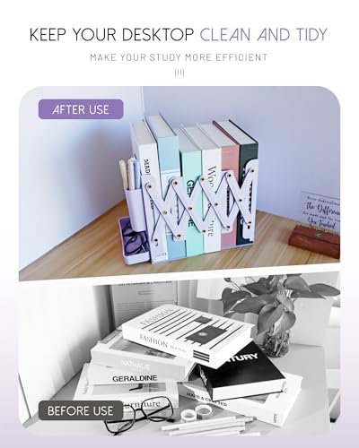 Heavy Duty Bookends Adjustable Book End, Desk Book Holder for Shelves, Book Organizer for Desk, Suitable for Office Home School (19.69 inches Max) (Purple) - color: Purple
