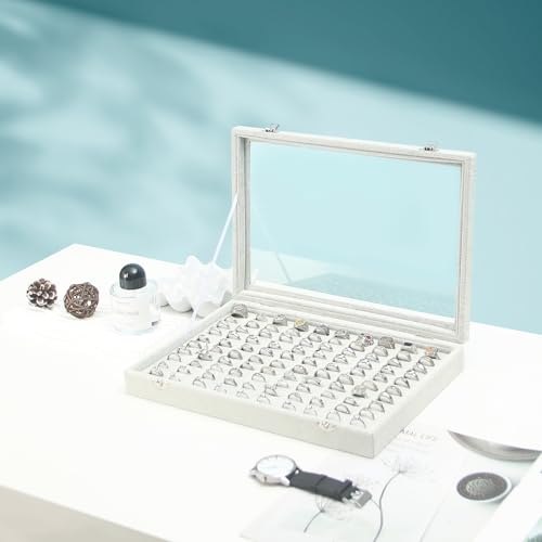 Coward Ring Organizer Jewelry Tray Box, Grey Beige Velvet 100 Slots Ring Display Tray Case with Transparent Glass Lid for Home Use or Store Selling Show - color: Grey Beige Velvet, size: Ring Box