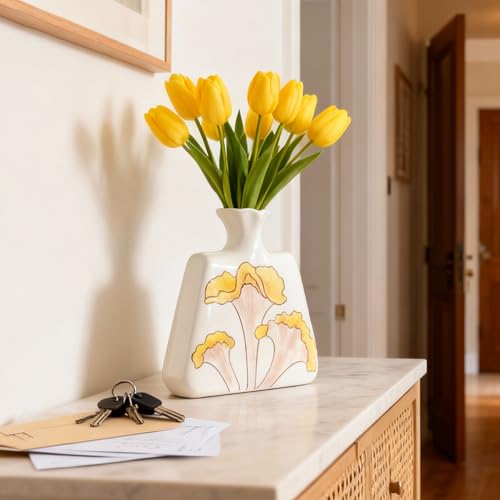 Modern Ceramic Flat Vase - 6.1" Small Decorative Flower Vase with Yellow Botanical Pattern - Boho Minimalist Home Decor for Bookshelf, Mantle & Desk