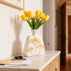 Modern Ceramic Flat Vase - 6.1" Small Decorative Flower Vase with Yellow Botanical Pattern - Boho Minimalist Home Decor for Bookshelf, Mantle & Desk