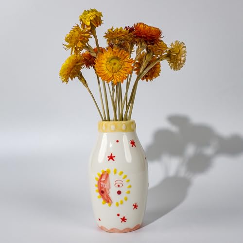 Tnstbiee Cute Boho Small Cream Ceramic Bud Vase, Sun and Moon Round Decorative Vase for Dried Flowers/Single Rose/Pampas Grass, Modern Table Vase for Entryway Dining Coffee Table, Unique Home Gift - color: Bohemian Vase