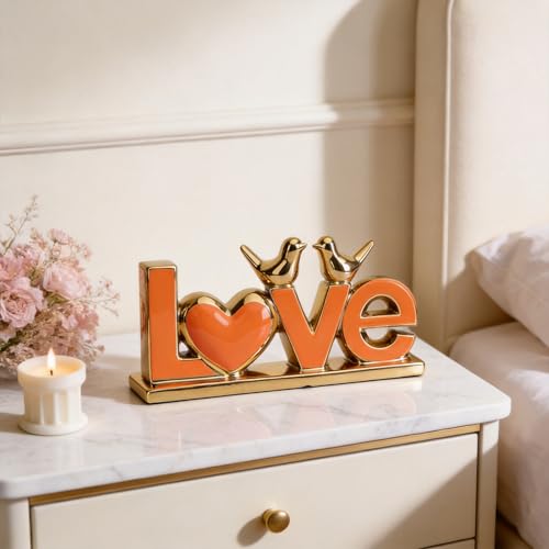 DOVDOV Orange and Gold Ceramic Love Sign Sculpture with Heart and Bird Statues, Modern Home Decor Accents for Living Room Coffee Table, TV Stand, Entryway and Shelf, Wedding or Housewarming Gift - color: Og