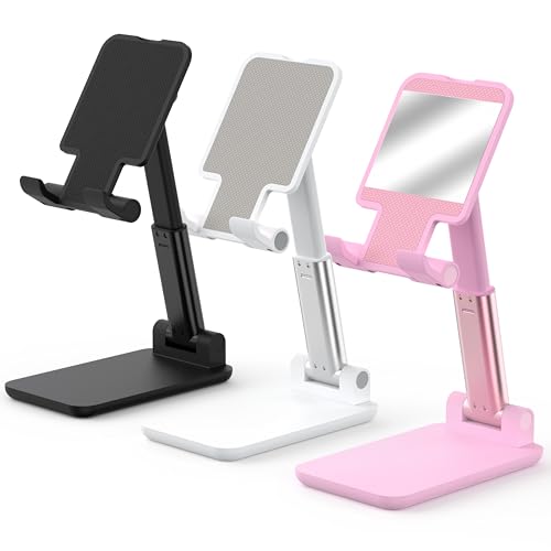 Cell Phone Stand, Adjustable Angle and Height Cell Phone Holder for Desk, Foldable and Portable, Anti-Slip Silicone Pad, Compatible with All Mobile Phones and 4-8 Inch Devices (Black&White&Pink) - color: Black&White&Pink