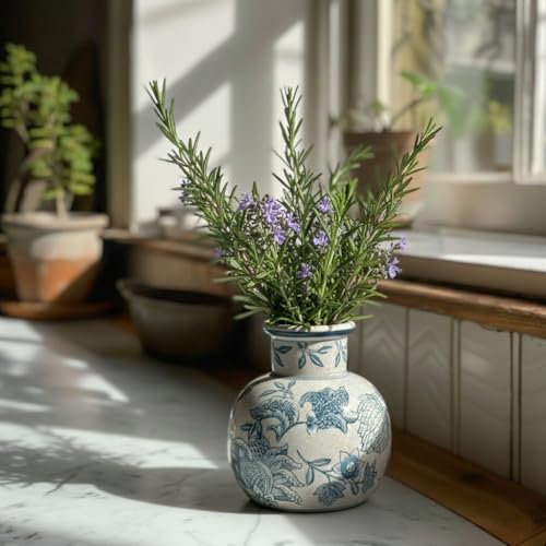 SIDUCAL Blue and White Vintage Vase | 6 Inch Ceramic Chinoiserie Floral | Retro Ice Cracked Blue and White Porcelain Vase for Table, Living Room, Bathroom Decoration, Wedding, Shelf Decor, Mantel - color: 18795-blue and White