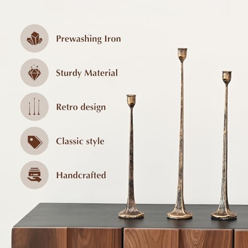 Iron Antique Gold Candlestick Holders, Set of 3 Candle Stick Holders,Fits 3/4 inch Thick Candle&Led Candles, Vintage Modern Decorative Centerpiece for Dining Table Centerpiece, Wedding, Party Decor - color: Antique Gold-straight, size: 14.4”,17.1”,19.7”