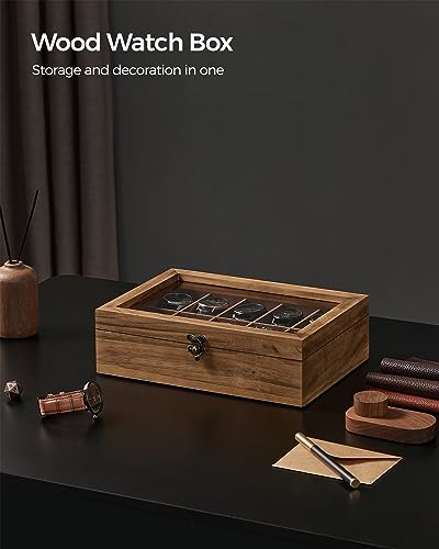 SONGMICS 10-Slot Watch Box, Watch Display Case with Large Glass Lid, Removable Watch Pillows, Velvet Lining, Gift Idea, Rustic Walnut UJOW100K01 - color: Rustic Walnut, size: 1 Layer 10 Slot