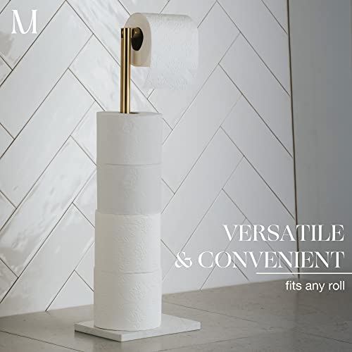 MARMOLUX ACC Free Standing Gold Toilet Paper Holder Stand White Marble Base and Storage | 4 Jumbo Roll Bathroom Hardware Toilet Tissue Organizer | Stainless Steel Bathroom Decor Accessory - color: Gold Brushed/White Marble