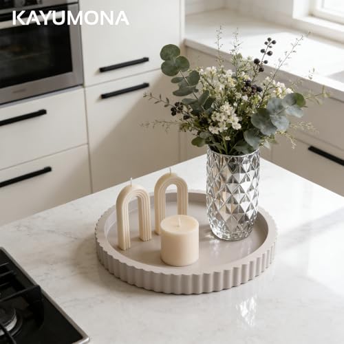 Modern Decorative Tray for Coffee Table, 11" Wooden Gray Beige Round Small Decor Tray for Candle, Perfume, Vanity, Kitchen Island Counter & Table Centerpiece - color: Gray Beige