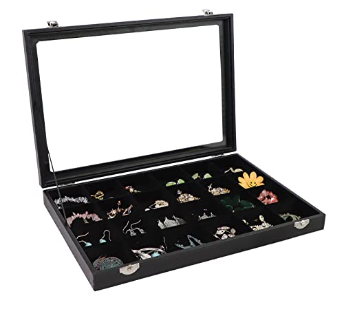 Wudygirl Earring Organizer 24 Grid Jewelry Organizer with Glass Lid Adjustable Jewelry Box Jewelry Display for Rings Necklace Bracelet Earrings Storage（Black 24 Grid） - style: 24 Grid Tray