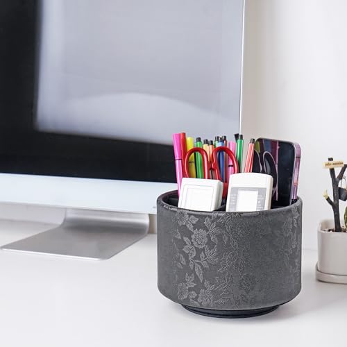 lizimandu Round Leather Art Supply Organizer,Remote Control Holder,360 Degree Spinning,Multi-Functional Pencil Holder,4 Compartments Desktop Stationary Organizer(1-Liuli Black) - color: 1-Liuli Black