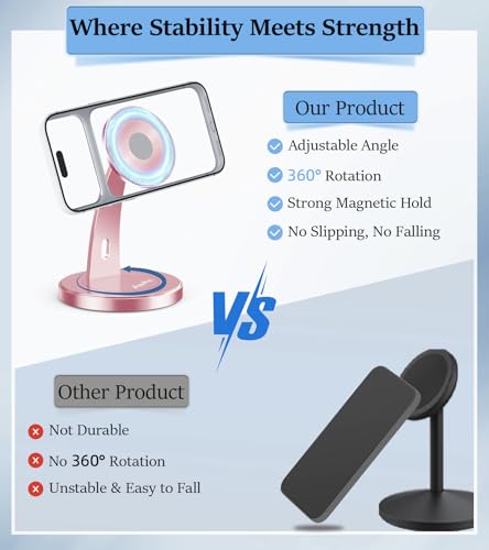 Aoviho Magnetic Phone Stand for Desk – 360° Rotating Aluminum Phone Holder, Stable Desk Stand for Office, Home & Kitchen, Compatible with iPhone 17 Pro Max 16–12 Series and MagSafe Cases, Rose Gold - color: Rose Gold