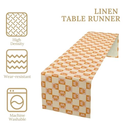 Pastel Checkered Flower Table Runner Cute Plaid Girls 70s Flower Aesthetic Funky Hippie Groovy Colorful Abstract for Kitchen Dining Table Home Party Decor Table Runners 13x36in - color: Beige-orange-2, size: 13x36in