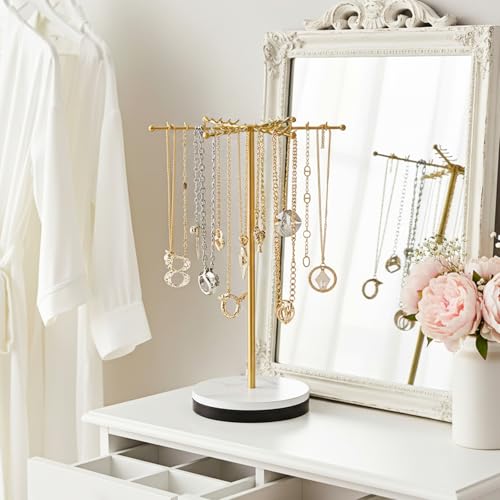 Rotating Necklace Holder Organizer with 48 Hooks, Gold Necklace Organizer, Metal Necklaces Tree Stand, Freestanding Necklaces Hanger, Rotatable Chain Display Carousels, for Earring Keychains Bracelet