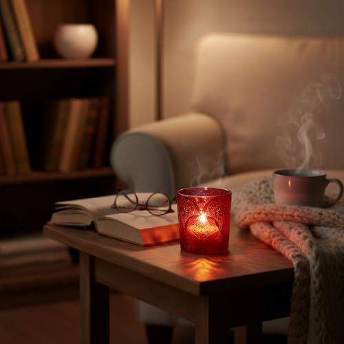 6 Pack Mandala Embossed Glass Candle Holders – Votive Tealight Holders with Patent Design, Decorative Embossed Glass Cups for Wedding Centerpieces, Parties, and Home Décor (Crimson Glow) - color: Crimson Glow