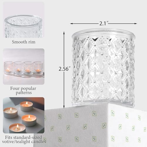 LETINE 16 Pcs Clear Glass Votive Candle Holders, Set of 4 Assorted Embossed Patterns, Tealight Candle Holders Bulk for Spring Summer Wedding Table Centerpieces, Valentine's Day & Party Decorations - color: Clear