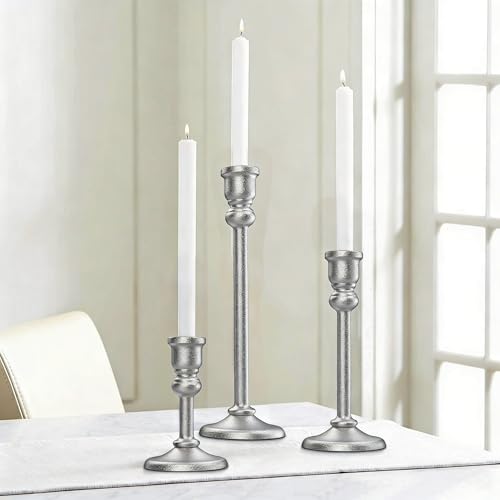 3-Piece Metal Candle Holders Set - Heavy Duty Alloy Taper Candlesticks for Table Centerpiece, Christmas, Dinner Party, Vintage Home Decor - 5-7.5 -10.3Inch Tall, Antique Gold Finish (Silver) - color: Silver