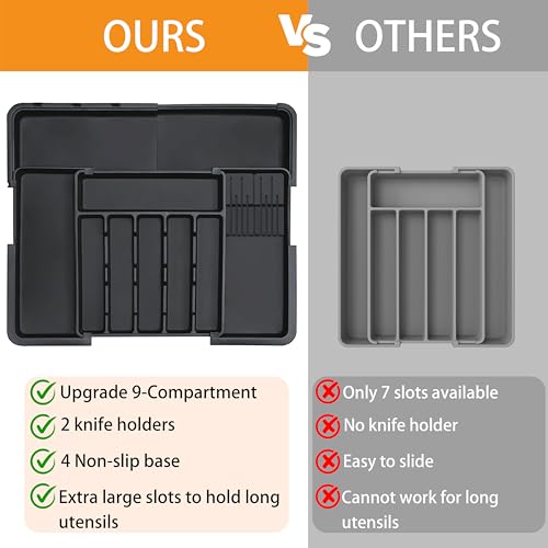 Homecor Silverware Organizer - Expandable Large Kitchen Drawer Organizer Utensil Organizer with 2 Removable Knife Blocks, 22"x 19"Cutlery Tray Drawer Dividers for Kitchen Flatware(6-9 Slots) (Black) - color: Black