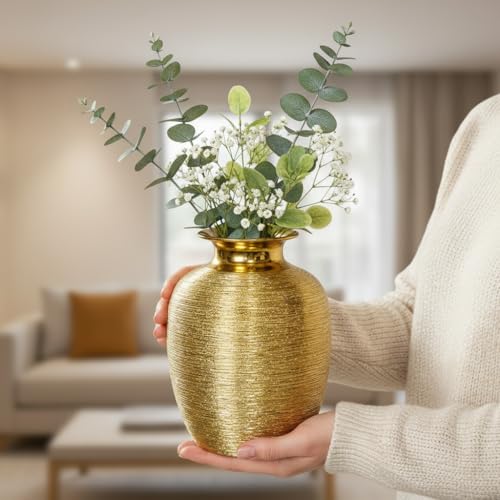 Gold Ceramic Vase - 7 Inch Modern Flower Vase for Centerpiece, Textured Decorative Vases Home Decor, Weddings, Dining, Bathroom, Nightstand, Decoration - color: Gold