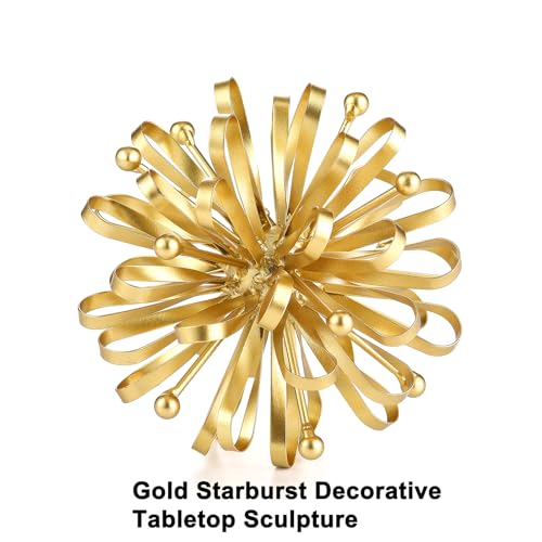6.7" Decorative Metal Starburst Tabletop Shelf Sculpture Accent, Gold Modern Table Decor, Looped Ribbon & Beads Edges Detailed