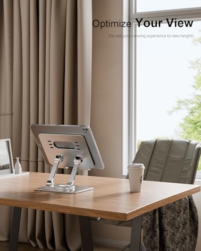 Orlian Tablet Stand Holder with Thickened 360°Rotating Base Dual Rod Adjustable Aluminum Stand for All 5.8-12.9” iPad Samsung Phone Tablet Kindle E-Reader and More, Silver - color: Silver