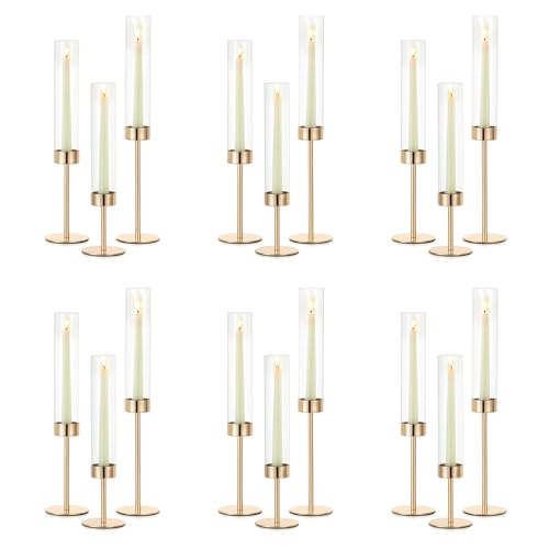 NUPTIO Candle Stick Holder for Wedding: 18 Pcs Tall Hurricane Gold Candles Holder with Clear Glass Chimney Cover - Tapered Candlestick Decor Bulk for Party Centerpiece - color: Clear, size: 18pcs