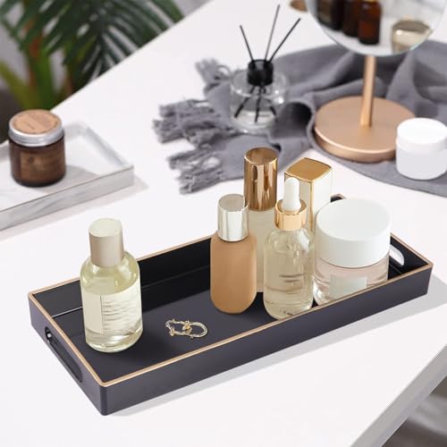MAONAME Black Bathroom Tray, Plastic Vanity Tray, Narrow Countertop Trays with Handles, Perfume Organizer Trays for Dresser, Bathroom Accessories, 13.8" x 6" x 1.59" - color: Black