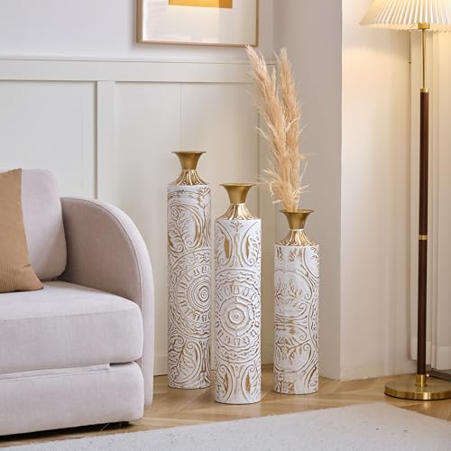 Floor Vases, Tall Home Decor Metal Vase Set of 3 Large Glazed Decorative Vases for Wedding Decor, Elegant Modern Flower Holder for Living Room, Entryway, Hallway, Dining Room - color: Ivory Vine Gold