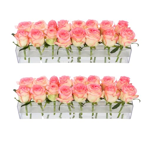 2Pack Clear Acrylic Flower Vase Rectangular, 15.7 Inches Long Floral Centerpiece Low Vases with Holes for Dinning Table, Home Decor, Wedding Decoration - size: 2Pcs