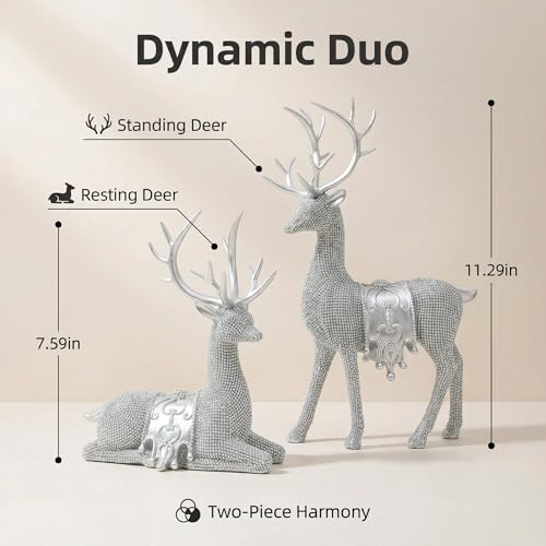 Set of 2 Modern Deer Statues for Home Decor, Handcrafted Resin Elk Sculptures with Intricate Beaded Texture, Elegant Animal Figurines for Living Room, Bookshelf, Office & Housewarming Gift - color: Silver