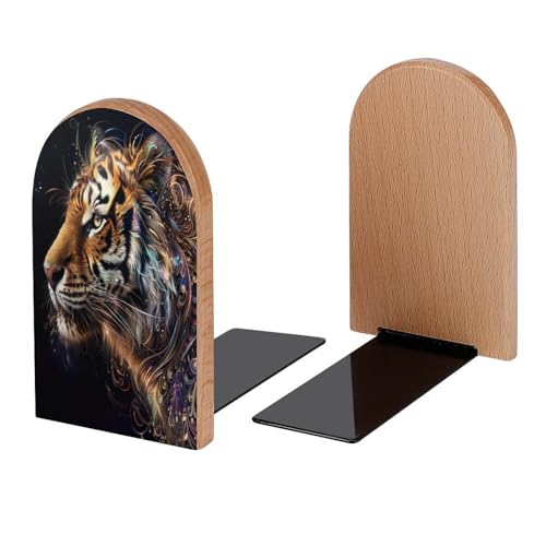 Galaxy Ethnic Tiger Book Ends Decorative Wood Bookends for Shelves Kids Room Desk Home Office Book Stoppers for Books, DVDs, 1 Pair/2 Pieces(5x3.1 in) - color: Galaxy Ethnic Tiger