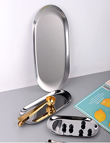 4 Pcs 7 Inch x 3.3 Inch Trinket Tray, Silver Stainless Steel, for Serving Trays Towel Storage Dish Plate Tea Fruit Trays Jewelry Plate Decorative Storage Tray