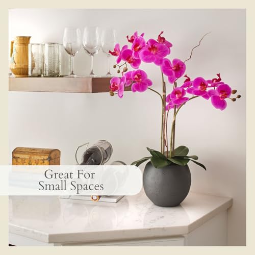 CG Hunter Faux Pink Orchid Plant, Premium Artificial Indoor Flower Display Stands 25-Inches with Beautiful Sculptural Blooms and Foliage that Lasts Forever, Grey Planter Pot Included - size: 25" Pink Double Stem