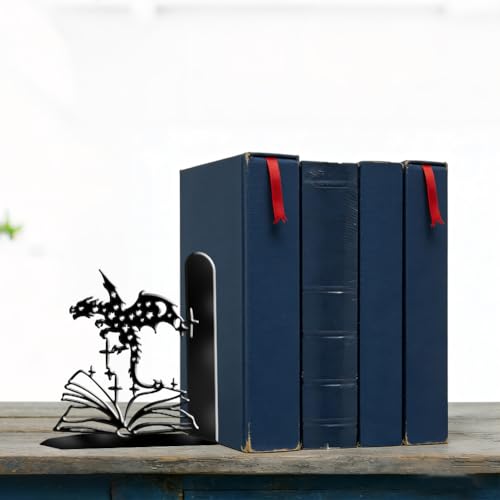 2Pcs 2 Styles Metal Dragon Bookends Black Book Stopper Fantasy Dragon Pattern Black Decorative Heavy Duty Metal Book Ends for Shelves Office Desk Organizer Stylish 7.48 x 6.3 x 1.18 Inch - color: Dragon