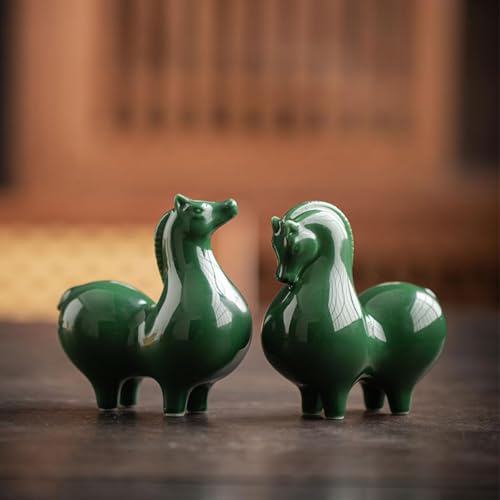 Green Horses Statue - Small Ceramic Décor Artwork - 2pcs Sculpture for Home Office - Surprising Horse Gifts for Horse Lovers