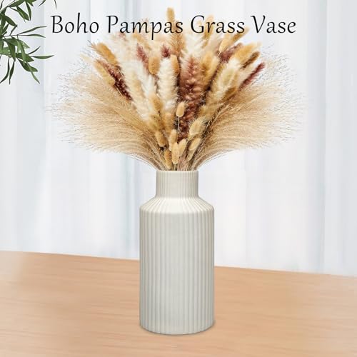 White Ceramic Vase for Flowers - 7.9 Inch Matte Ribbed Modern Vase, Weighted 1.4lb Base & Waterproof Pottery for Pampas Grass, Minimalist Farmhouse Decor for Table Centerpiece Bookshelf