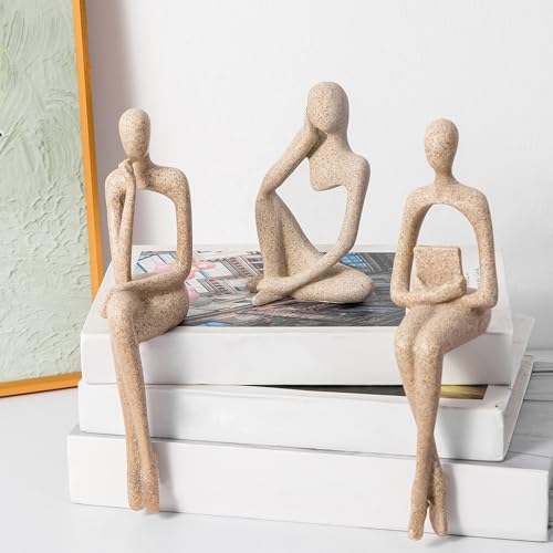 Gold Home Decor Thinker Statue Accents, Set of 3 Thinker Sculptures Office Decor Modern Abstract Resin Decoration on Shelf Table Desk for Living Room Office Bedroom Bookshelf Decor (Large Sandstone) - color: Sandstone, size: Large