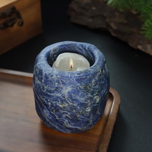rockcloud Natural Raw Blue Sodalite Taper Tea Light Candle Holder Air Plant Holder Healing Stone Home Decoration Figurine - color: Blue