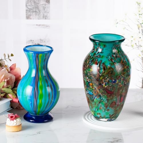 KAMMAK Colored Glass Vase, Beautiful Hand Blown Decorative Vase, Modern Art Vase for Flower Mantle Dining Table Centerpiece, Entryway Living Room Wedding Decoration (JG2066) - style: JG02066
