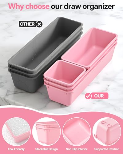 Canfanni 13 Pack Plastic Drawer Organizers Set, 3 Sizes Desk Drawer Organizer Trays for Vanity and Makeup Organizer, Organization and Storage for Makeup, Kitchen Utensils, Bathroom and Office(Pink) - color: Pink