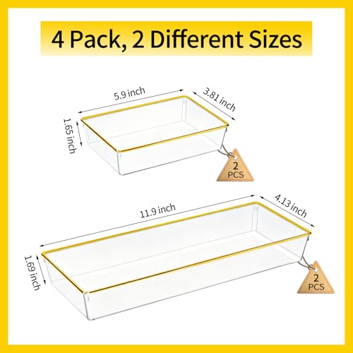 4 Pack Large Size Clear Stackable Drawer Organizer Trays, Gold Rim Makeup Drawer Storage Tray Divider, Desk Storage for Makeup, Jewelry, Bathroom, Stationary, Kitchen Utensils and Office Desk - color: Gold, size: 4 PACK
