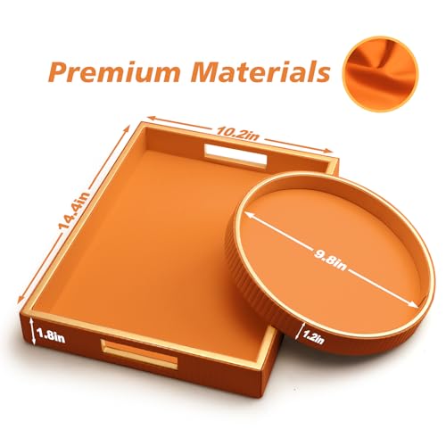 SANZIE Leather Tray Desktop Storage Organizer Premium Serving Tray Decorative Trays Valet Trays for Sundries Cosmetics Phone Wallet Cutlery (Orange Holder with Disc)