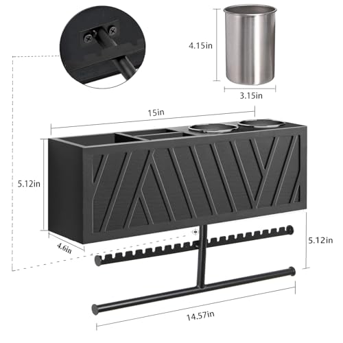 Rustic Hair Dryer Holder Wall Mounted,Hair Styling Tools & Accessories Organizer,Bathroom Supplies & hot Tools vanities Organizer Caddy,for Storage Flat Iron,Blow Dryer,Curling Iron,Towel - color: Black.A